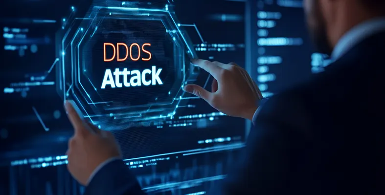 Digital image of businessman interacting with a holographic Interface Indicating a DDoS attack alert