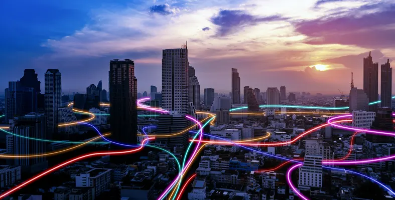 Digital image of speed line glowing light trail surround the city