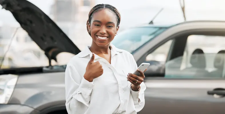 Car insurance, mobile or portrait of happy woman with thumbs up 