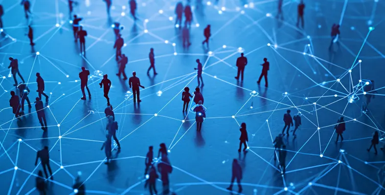 A group of people are connected to network points