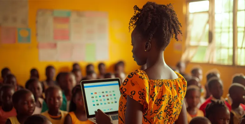 African teacher using tablet in classroom