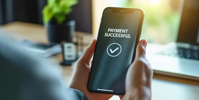 Man is holding a smartphone with a successful payment notification on the screen