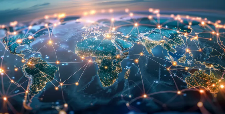 Illustration of global network on a map showcasing connectivity around the region