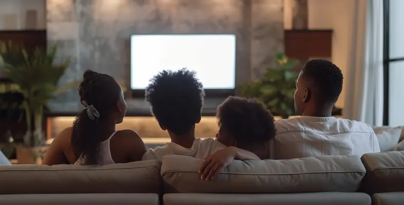 african Family sitting together on a couch and watching TV