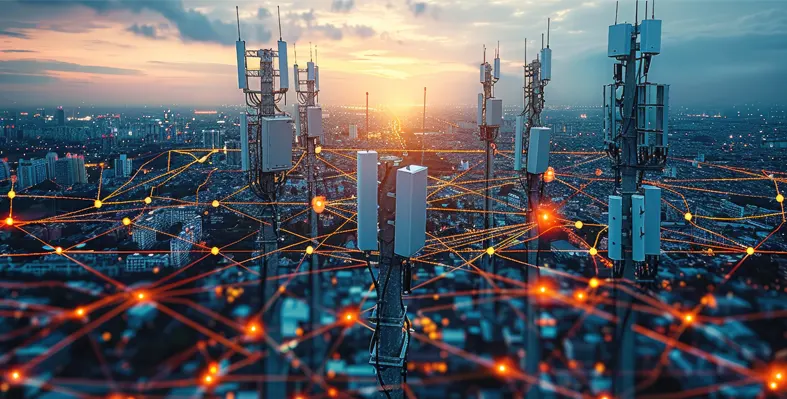 Digital image featuring several telecommunications towers showcasing connectivity