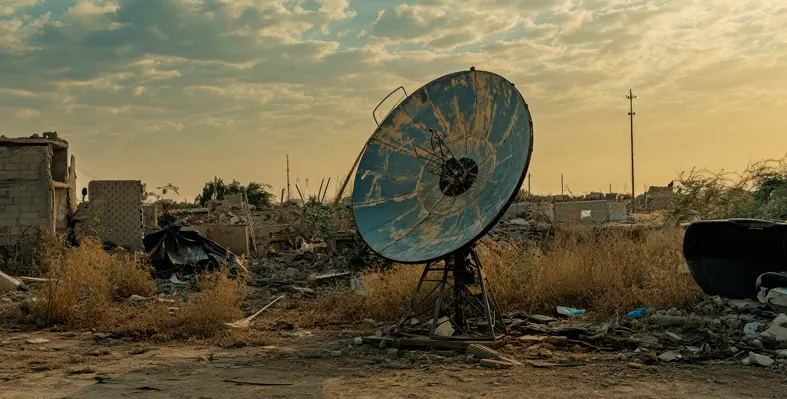 A satellite dish stands solitary in a war-torn landscape, encircled by rubble and wild grass