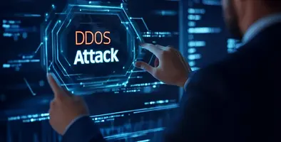 Digital image of businessman interacting with a holographic Interface Indicating a DDoS attack alert