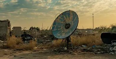 A satellite dish stands solitary in a war-torn landscape, encircled by rubble and wild grass